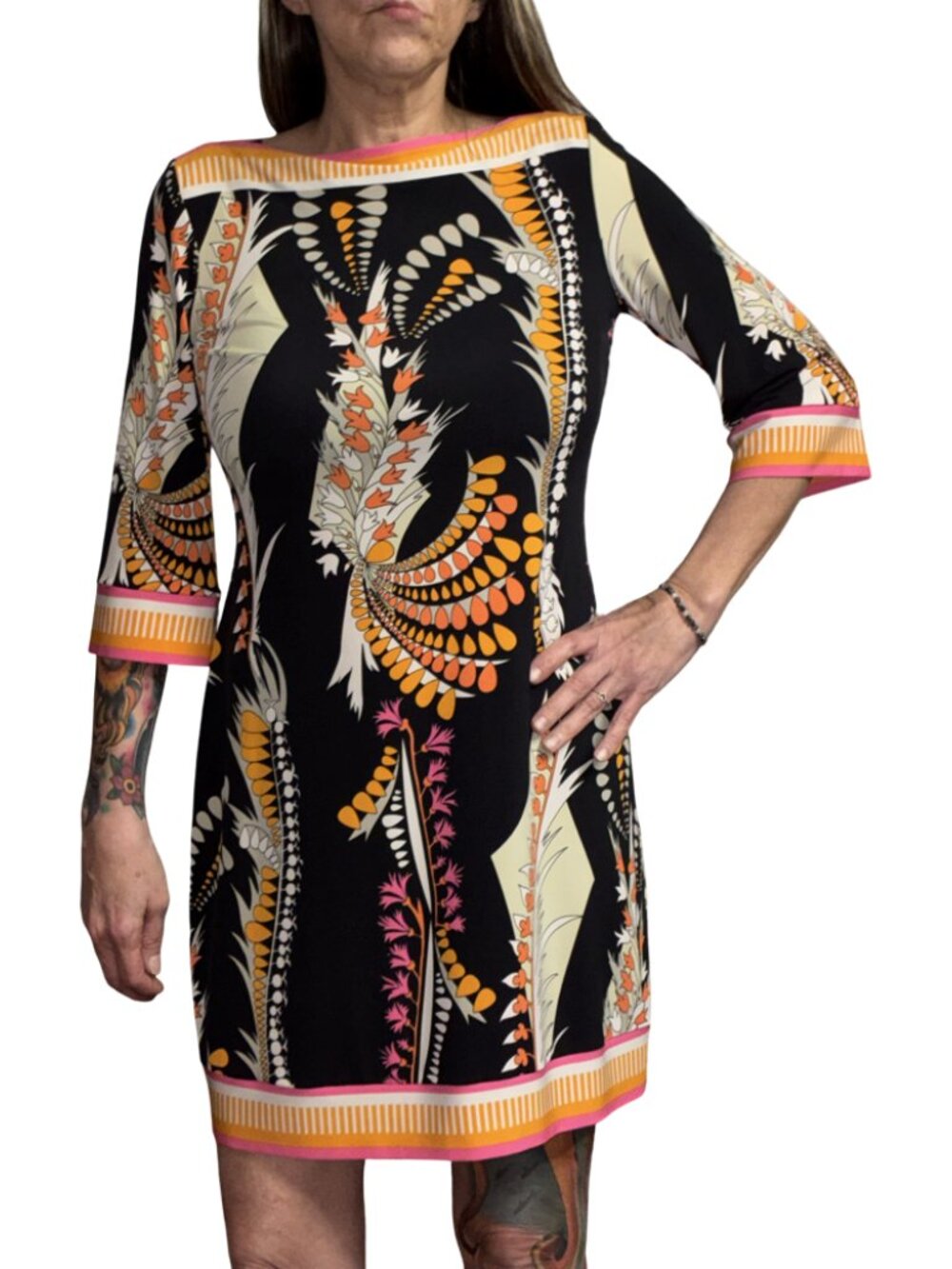 Sz.10*Ali Ro*Black/Orange/Cream/Hot Pink Abstract-Print 3/4 Sleeve Mini Dress